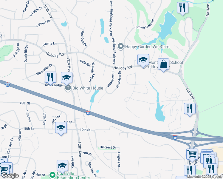 map of restaurants, bars, coffee shops, grocery stores, and more near 1422 Eastview Drive in Coralville