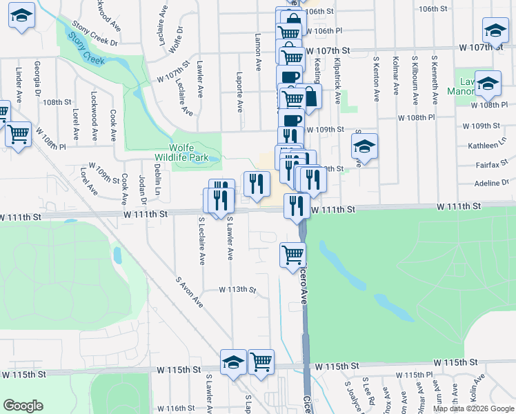 map of restaurants, bars, coffee shops, grocery stores, and more near 4830 West 111th Street in Oak Lawn