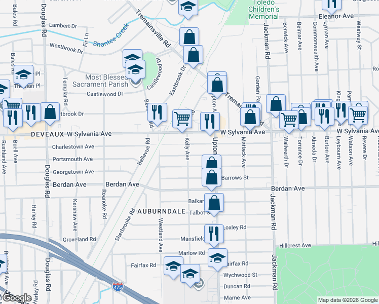 map of restaurants, bars, coffee shops, grocery stores, and more near 2002 Brussels Street in Toledo