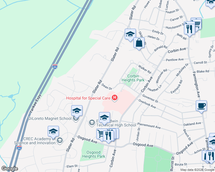 map of restaurants, bars, coffee shops, grocery stores, and more near 32 Dean Drive in New Britain