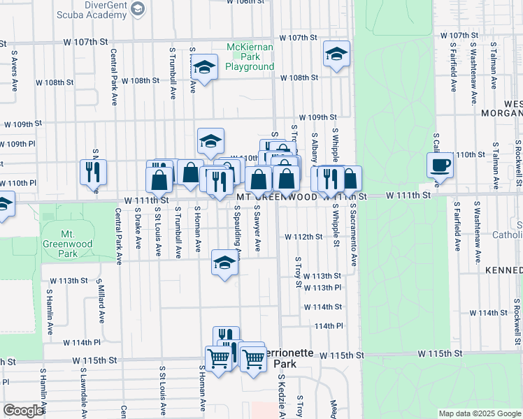 map of restaurants, bars, coffee shops, grocery stores, and more near 11117 South Sawyer Avenue in Chicago
