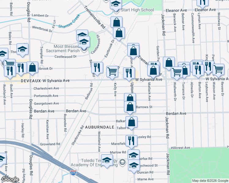map of restaurants, bars, coffee shops, grocery stores, and more near 2002 Brussels St in Toledo