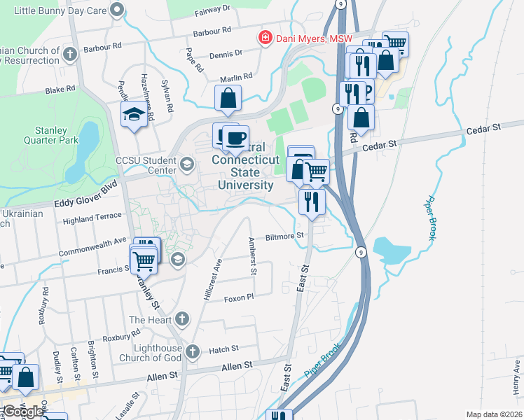 map of restaurants, bars, coffee shops, grocery stores, and more near 60 Covington Street in New Britain