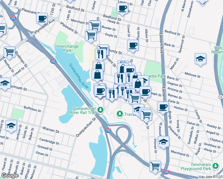 map of restaurants, bars, coffee shops, grocery stores, and more near 75 Reuben Street in Fall River