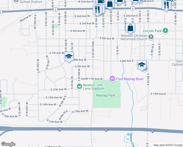 map of restaurants, bars, coffee shops, grocery stores, and more near 1007 West 4th Street South in Newton