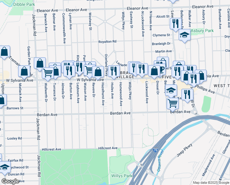 map of restaurants, bars, coffee shops, grocery stores, and more near 3916 Hoiles Avenue in Toledo