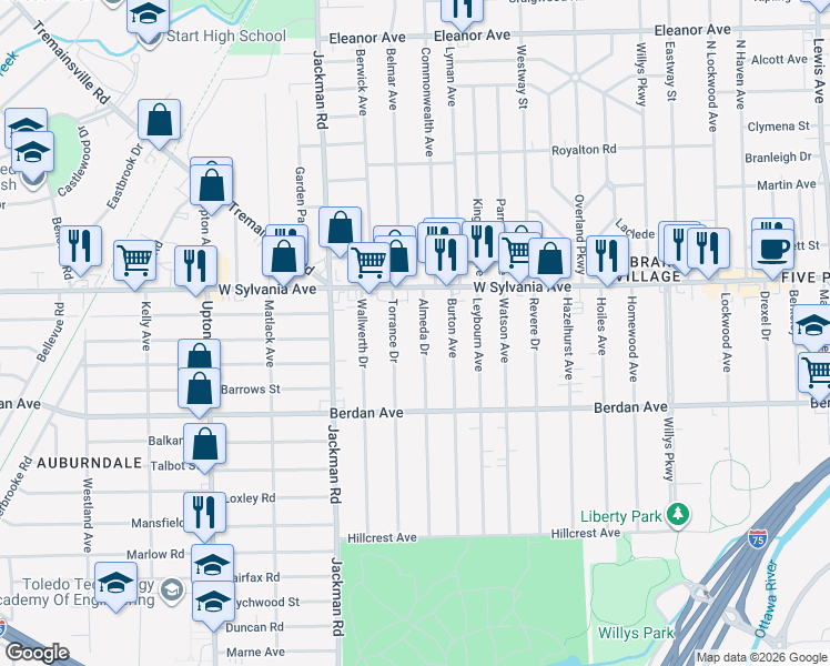 map of restaurants, bars, coffee shops, grocery stores, and more near 3917 Almeda Dr in Toledo