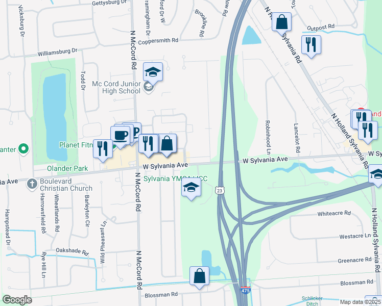 map of restaurants, bars, coffee shops, grocery stores, and more near 4026 Stonehenge Drive in Sylvania