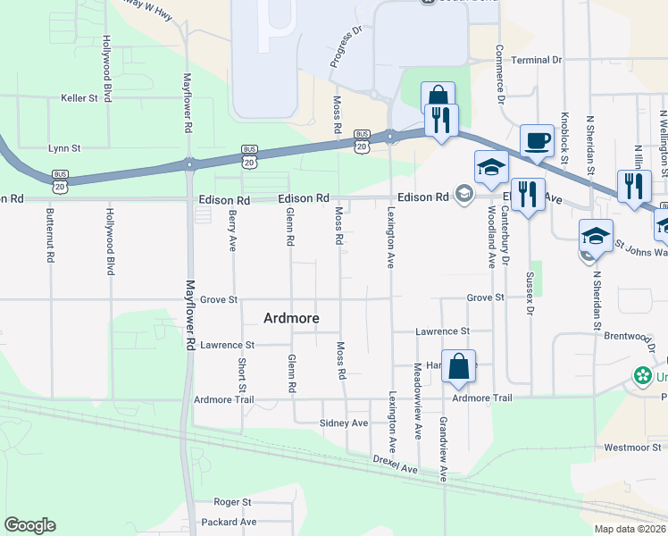 map of restaurants, bars, coffee shops, grocery stores, and more near 55130-55216 Melrose Ave in South Bend
