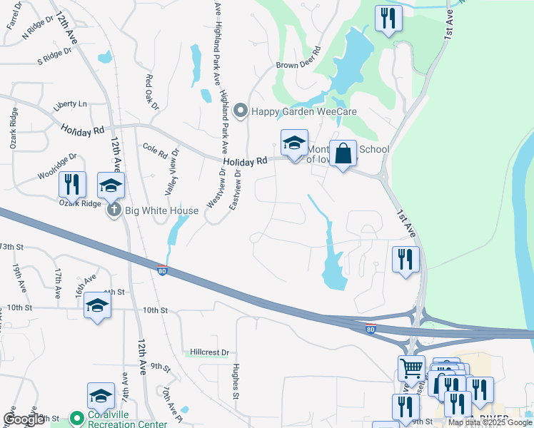 map of restaurants, bars, coffee shops, grocery stores, and more near 1300-1398 High Country Road in Coralville