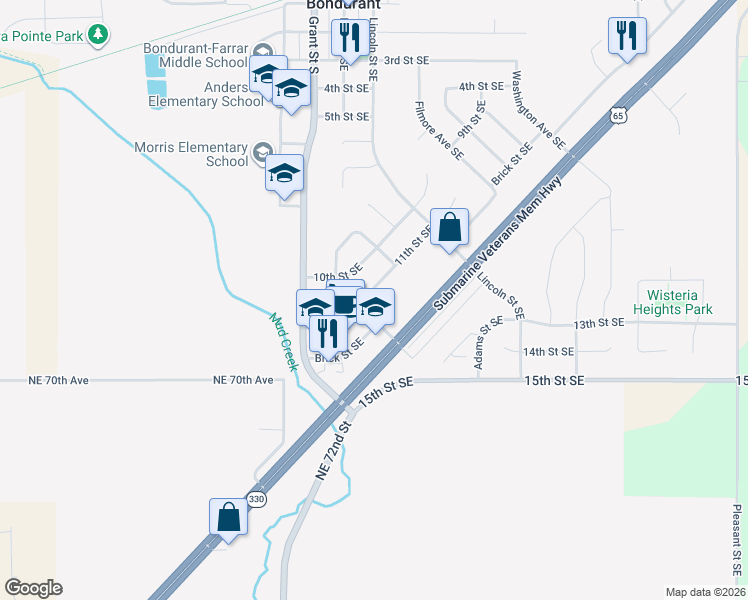 map of restaurants, bars, coffee shops, grocery stores, and more near 203 11th Street Southeast in Bondurant