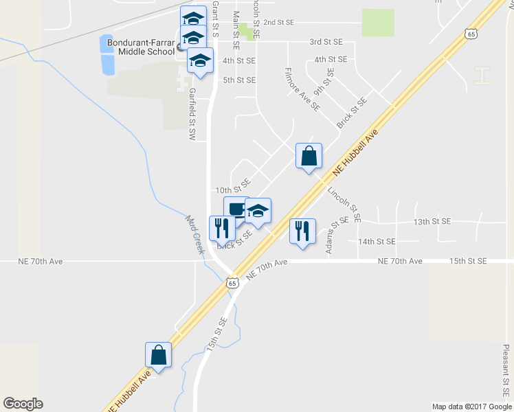 map of restaurants, bars, coffee shops, grocery stores, and more near 203 11th St SE in Bondurant