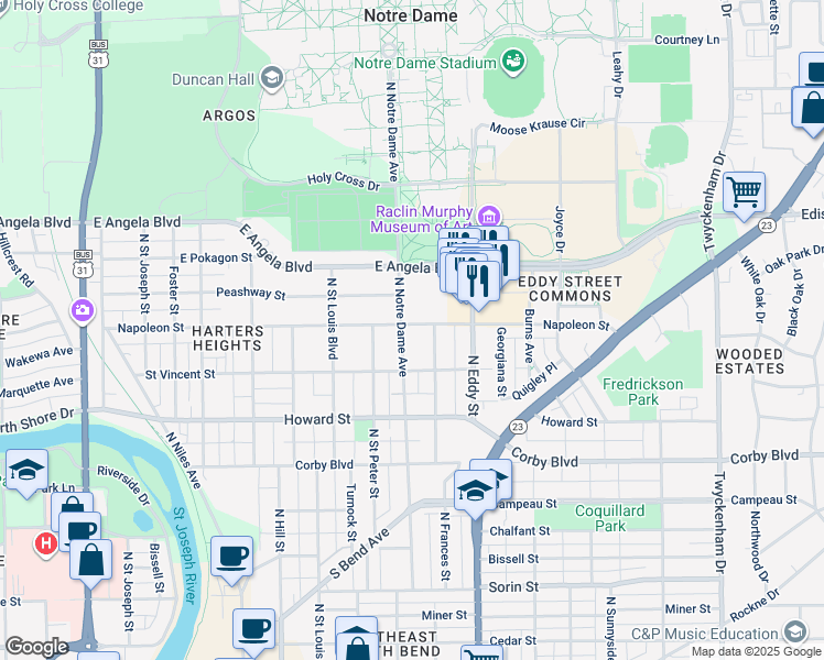 map of restaurants, bars, coffee shops, grocery stores, and more near 1136 North Notre Dame Avenue in South Bend