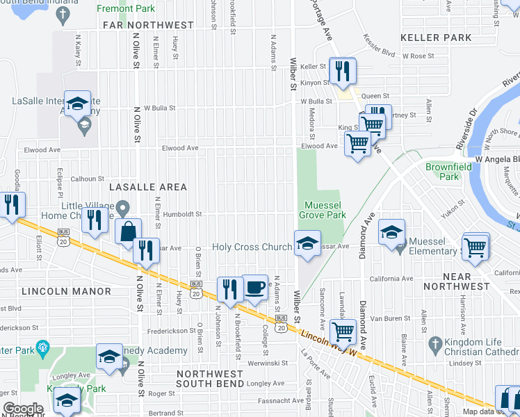 map of restaurants, bars, coffee shops, grocery stores, and more near 1206 College Street in South Bend