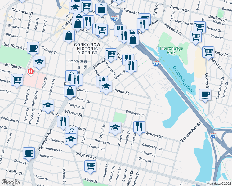 map of restaurants, bars, coffee shops, grocery stores, and more near 296 Snell Street in Fall River