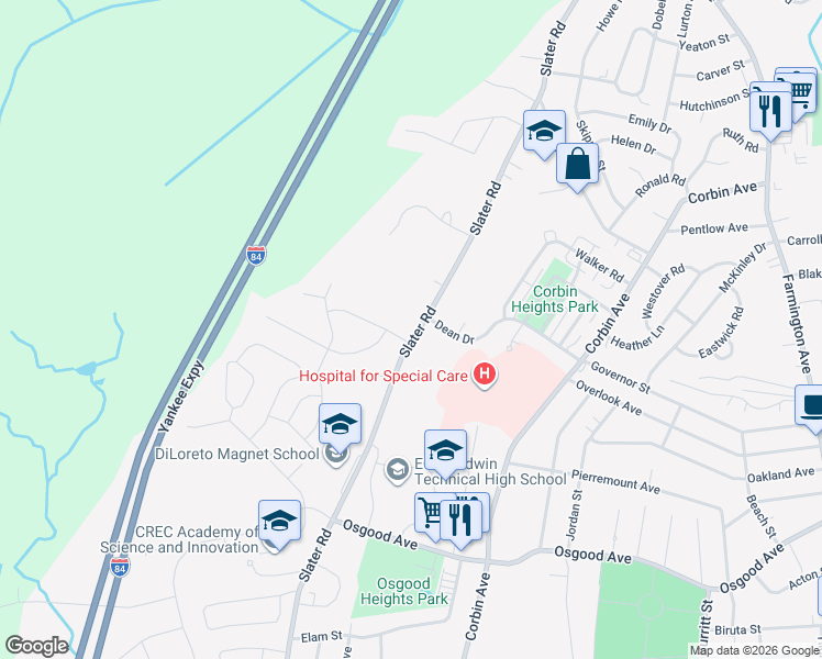 map of restaurants, bars, coffee shops, grocery stores, and more near 15 James Avenue in New Britain