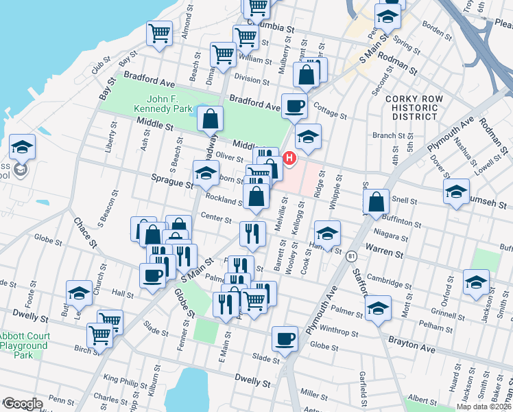 map of restaurants, bars, coffee shops, grocery stores, and more near 1001 South Main Street in Fall River