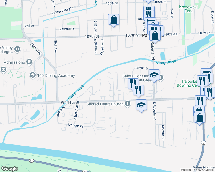 map of restaurants, bars, coffee shops, grocery stores, and more near 3 Millstone Court in Palos Hills