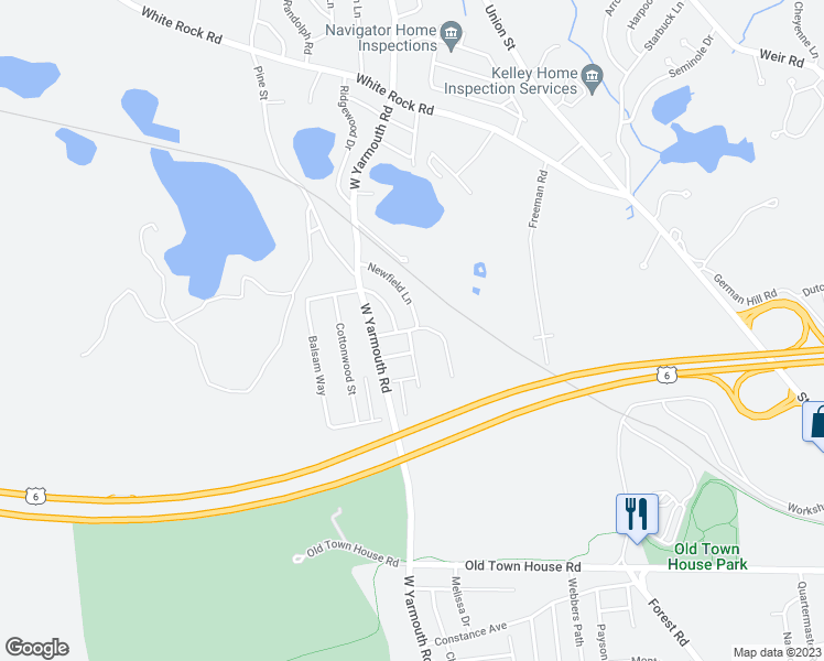 map of restaurants, bars, coffee shops, grocery stores, and more near 6 Brush Hill Road in Yarmouth