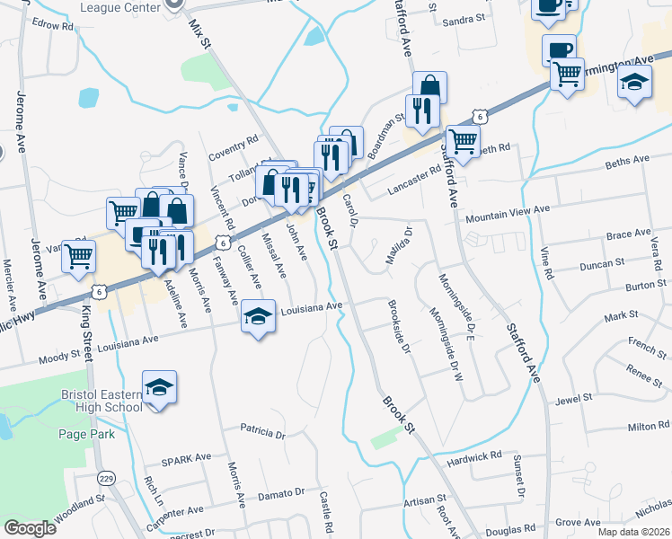 map of restaurants, bars, coffee shops, grocery stores, and more near 509 Brook Street in Bristol