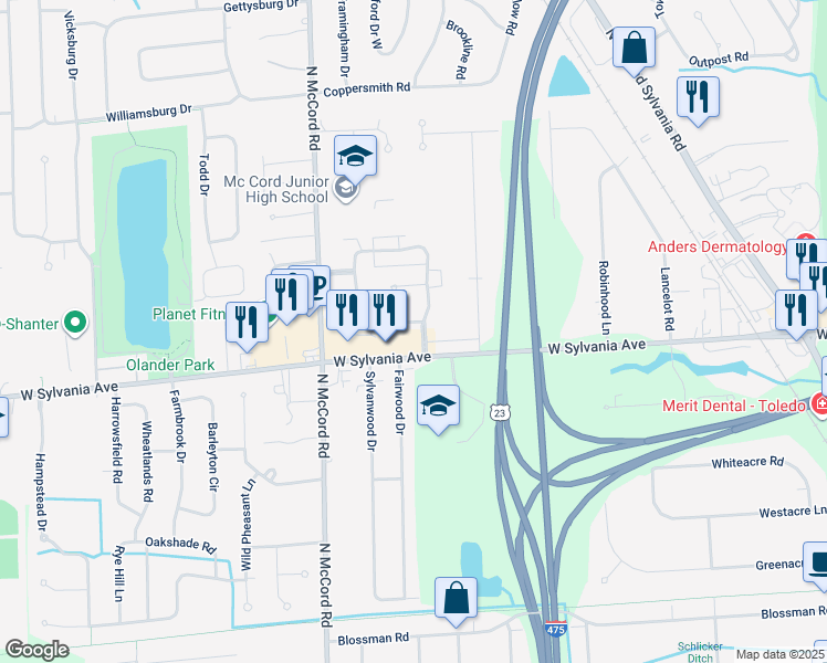 map of restaurants, bars, coffee shops, grocery stores, and more near 6537 Woodhall Drive in Sylvania