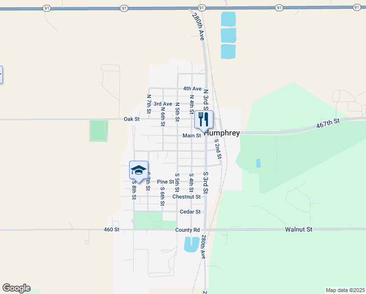 map of restaurants, bars, coffee shops, grocery stores, and more near 404 Elm Street in Humphrey