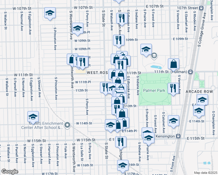 map of restaurants, bars, coffee shops, grocery stores, and more near 12 E 112th St in Chicago