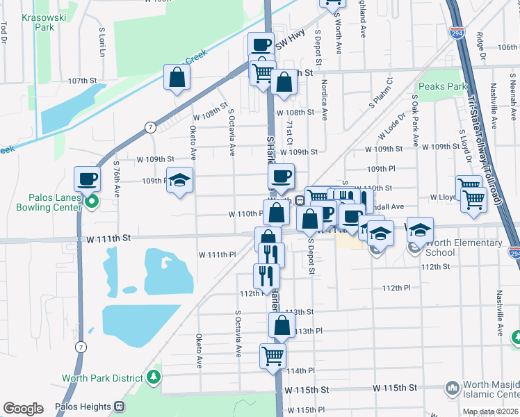 map of restaurants, bars, coffee shops, grocery stores, and more near 7208 West 110th Place in Worth