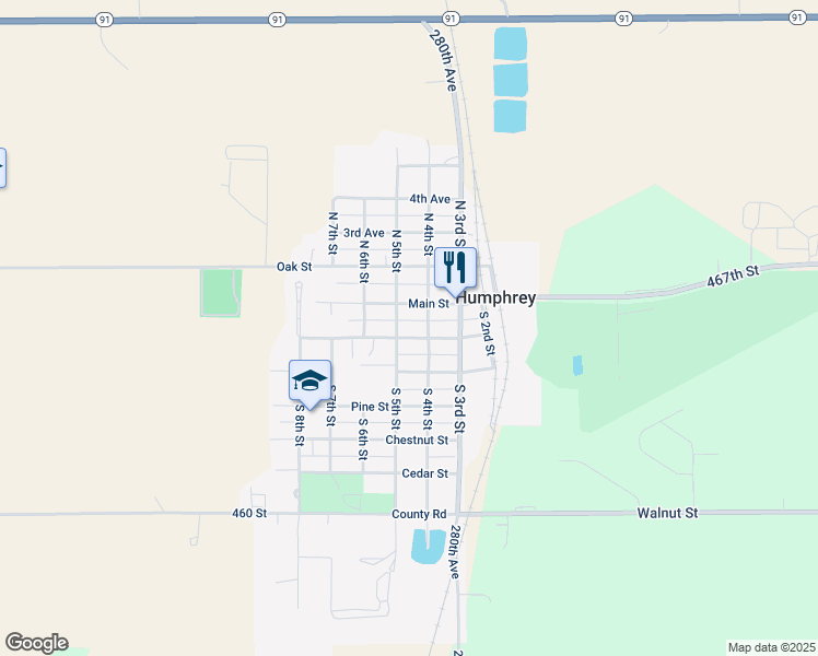 map of restaurants, bars, coffee shops, grocery stores, and more near 404 Elm Street in Humphrey