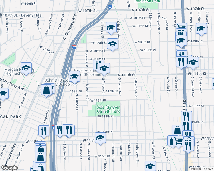 map of restaurants, bars, coffee shops, grocery stores, and more near 1251 West 111th Place in Chicago