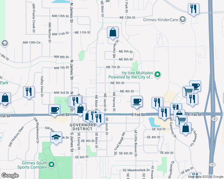 map of restaurants, bars, coffee shops, grocery stores, and more near 312 Northeast Harvey Street in Grimes