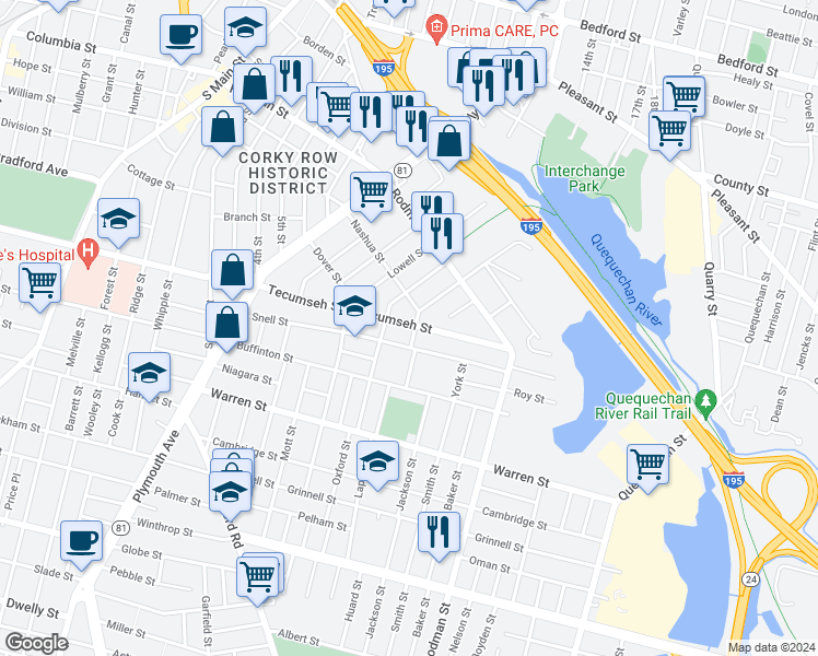 map of restaurants, bars, coffee shops, grocery stores, and more near 335 Tecumseh Street in Fall River