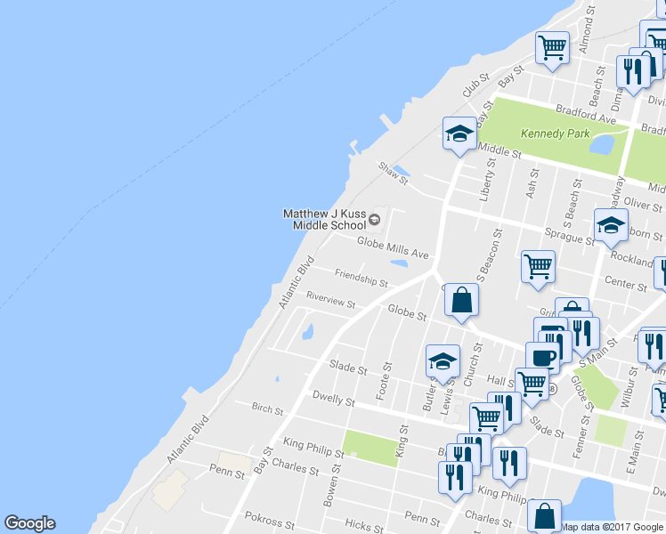 map of restaurants, bars, coffee shops, grocery stores, and more near 58 Friendship Street in Fall River
