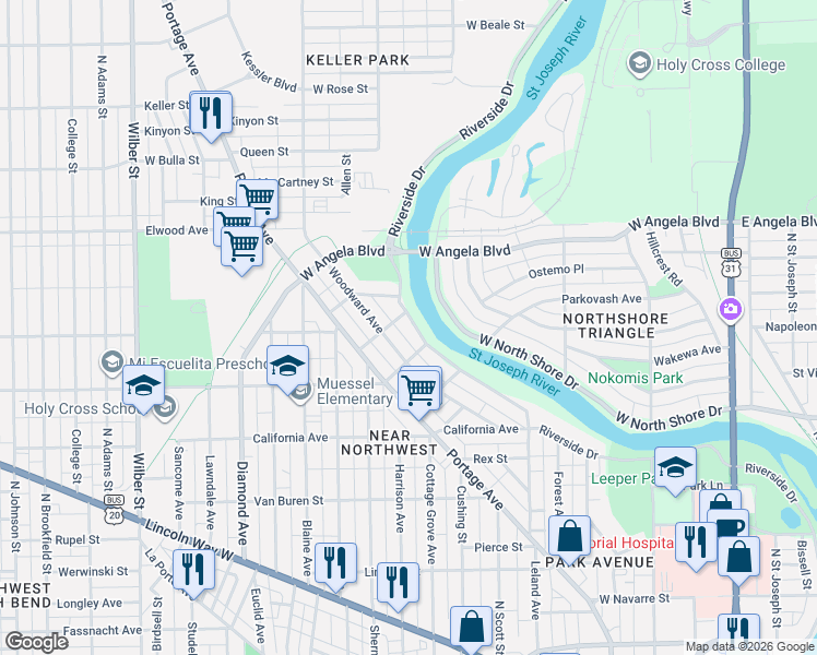 map of restaurants, bars, coffee shops, grocery stores, and more near 1121 Riverside Drive in South Bend