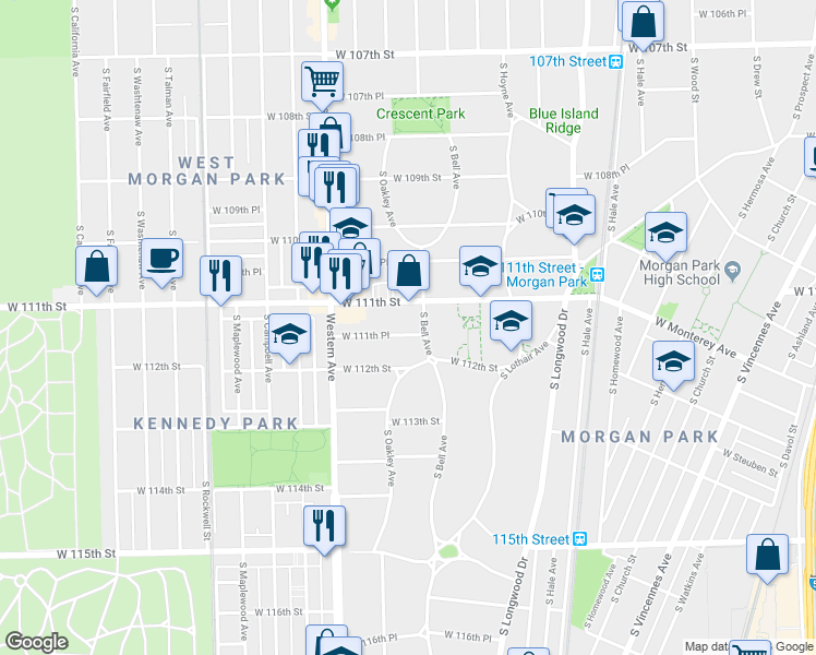 map of restaurants, bars, coffee shops, grocery stores, and more near 2250 West 111th Place in Chicago