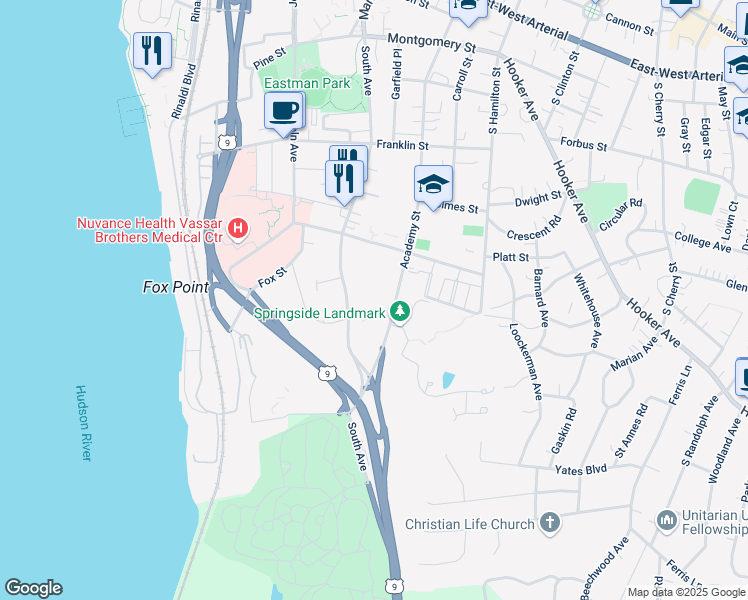 map of restaurants, bars, coffee shops, grocery stores, and more near 168 Academy Street in Poughkeepsie