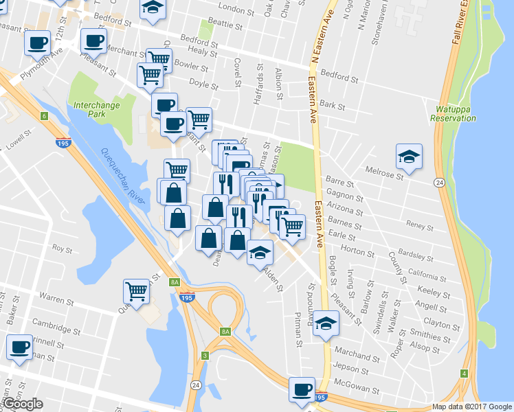 map of restaurants, bars, coffee shops, grocery stores, and more near 1386 Pleasant Street in Fall River