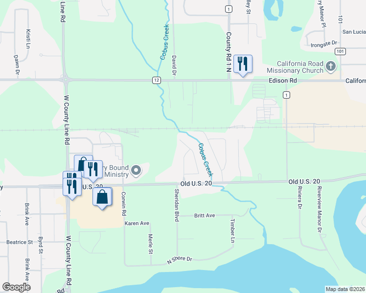 map of restaurants, bars, coffee shops, grocery stores, and more near 55321 Falling Waters Ct in Elkhart
