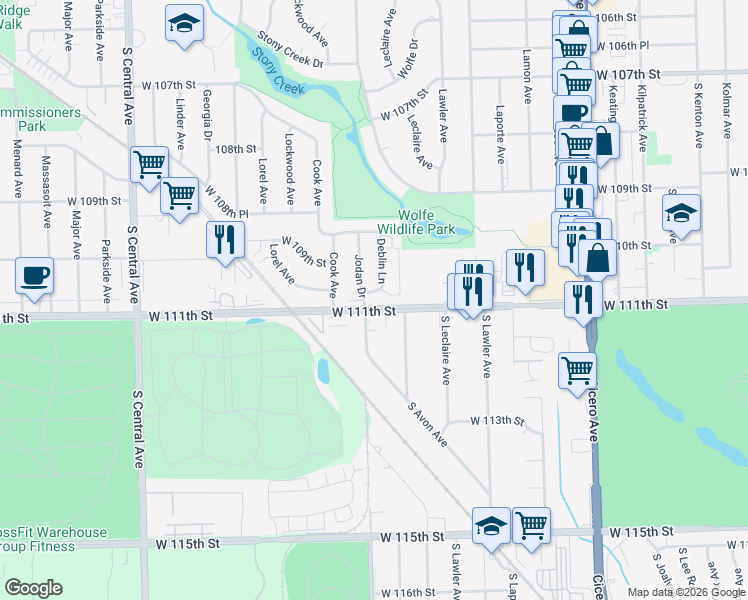 map of restaurants, bars, coffee shops, grocery stores, and more near 5121 Deblin Lane in Oak Lawn