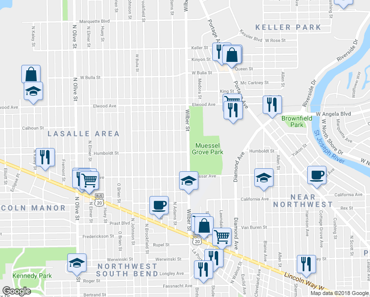 map of restaurants, bars, coffee shops, grocery stores, and more near 1205 Wilber Street in South Bend