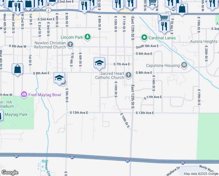 map of restaurants, bars, coffee shops, grocery stores, and more near 910 East 9th Street South in Newton