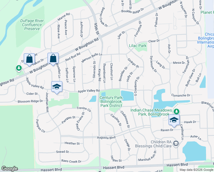map of restaurants, bars, coffee shops, grocery stores, and more near 215 Steamboat Lane in Bolingbrook