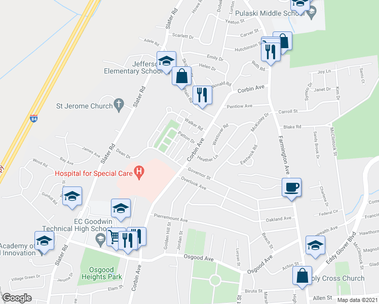 map of restaurants, bars, coffee shops, grocery stores, and more near 2280 Corbin Avenue in New Britain