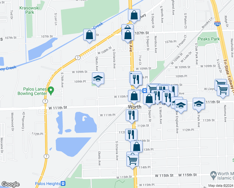 map of restaurants, bars, coffee shops, grocery stores, and more near 7254 West 110th Place in Worth