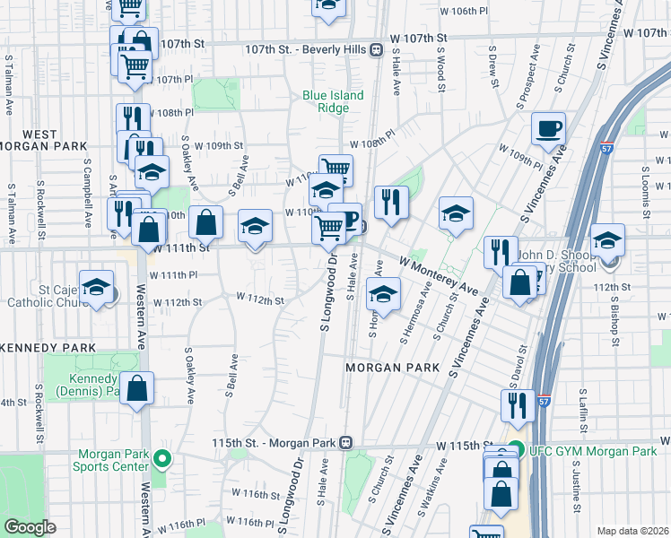 map of restaurants, bars, coffee shops, grocery stores, and more near 11121 South Longwood Drive in Chicago