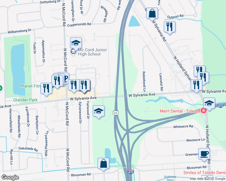 map of restaurants, bars, coffee shops, grocery stores, and more near 4022 Eaglehurst Road in Sylvania
