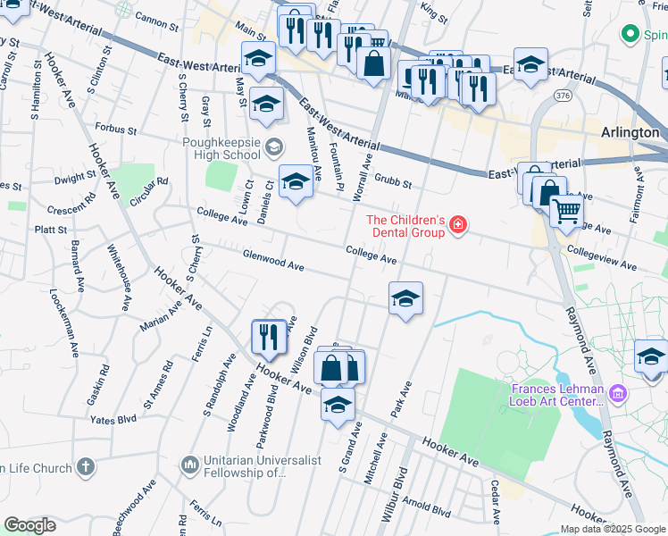 map of restaurants, bars, coffee shops, grocery stores, and more near 79 Glenwood Avenue in Poughkeepsie