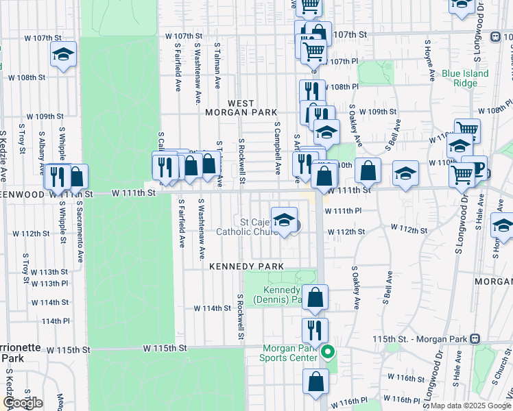 map of restaurants, bars, coffee shops, grocery stores, and more near 11122 South Maplewood Avenue in Chicago