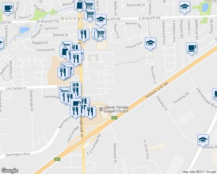 map of restaurants, bars, coffee shops, grocery stores, and more near 413 Providence Court in Bolingbrook