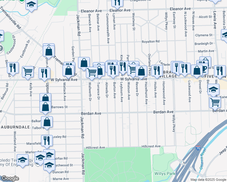map of restaurants, bars, coffee shops, grocery stores, and more near 3921 Burton Avenue in Toledo